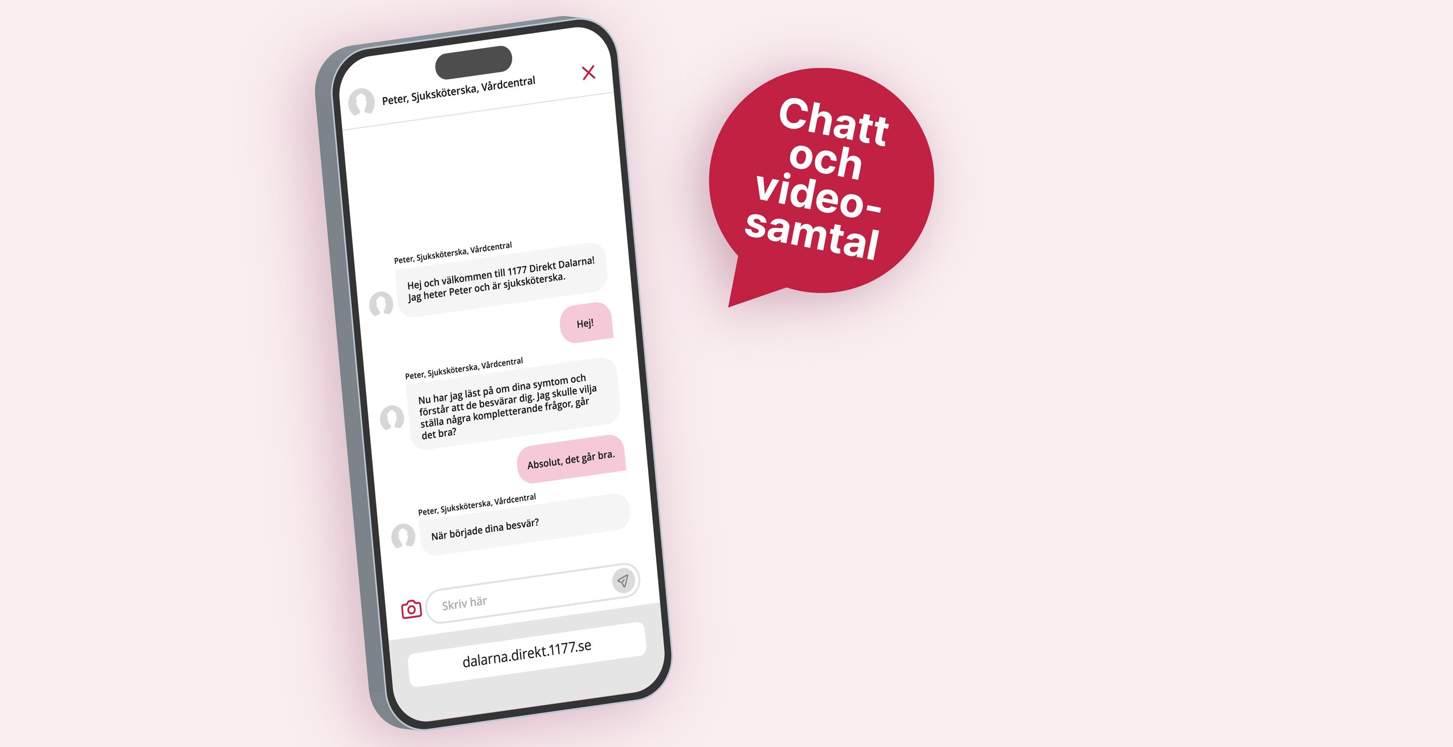 Illustration av en mobiltelefon med en fiktiv chattkonversation. Text i pratbubbla: Chatt och videosamtal!